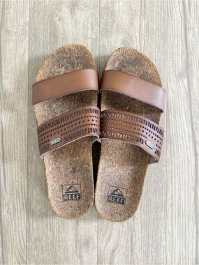 REEF womans Brown Dual-Band Cork Slide Sandals